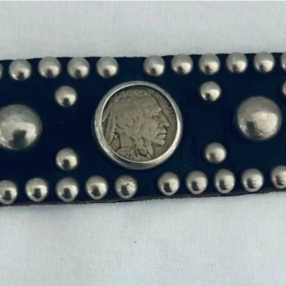 Mens Studded Black Leather Belt with Indian Head Conchos - Picture 1 of 7